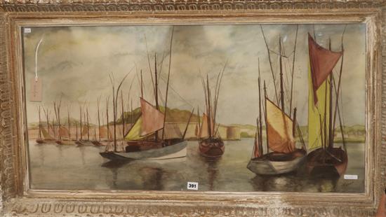 F. Vogin ?, watercolour, Moored boats, 49 x 100cm